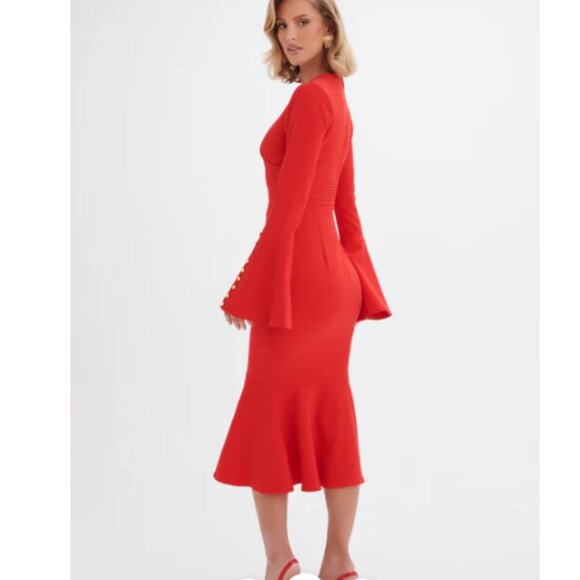 NWT SALMA Fluted Sleeve Rose Button Midi Dress in Red US 6 - Picture 3 of 6